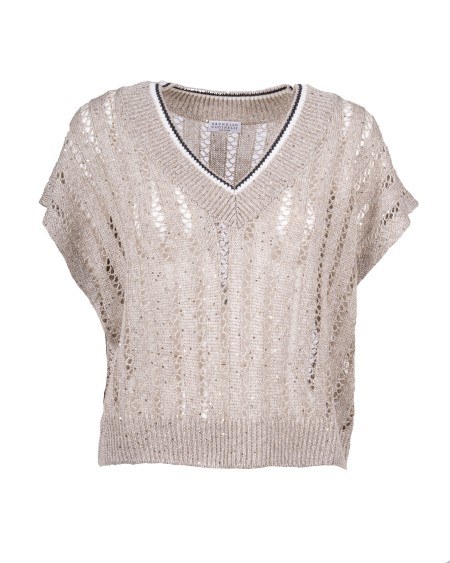 Shop BRUNELLO CUCINELLI  Pull: Brunello Cucinelli t-shirt in maglia Dazzling Ribbed Net di lino.
Scollo a V.
Spalla abbassata.
Manica ampia.
Maglia con diversi punti.
Composizione: 94% LINO, 6% NYLON.
Made in Italy.. MCO559412-CJK08